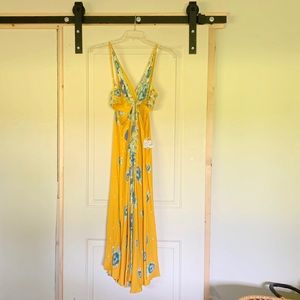 FREE PEOPLE Yellow with Blue Floral Cutout Dress